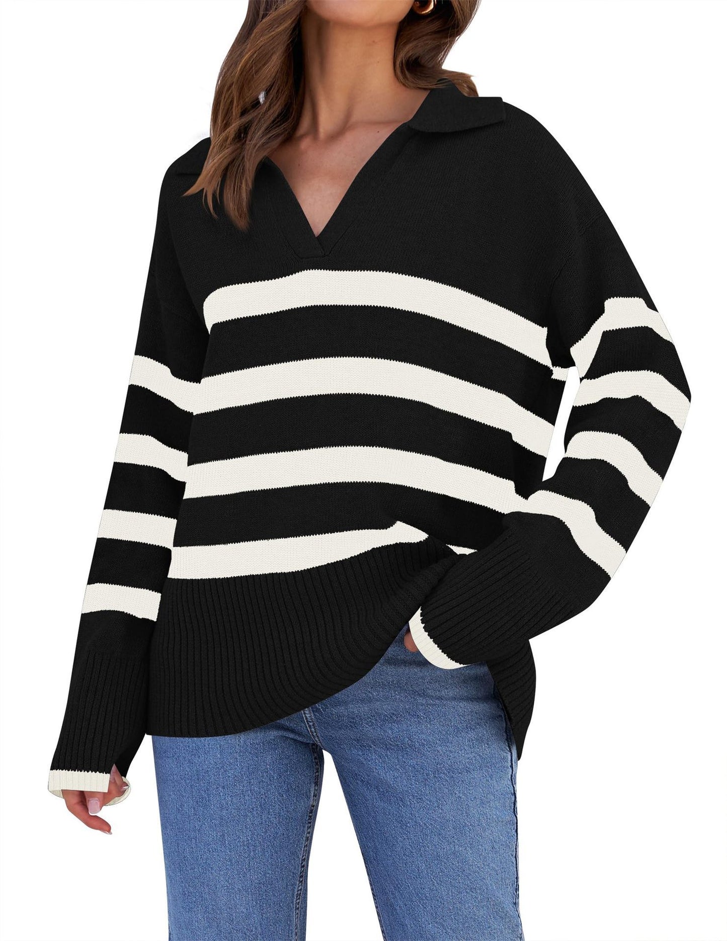 Loose Striped V-Neck Knit Sweater