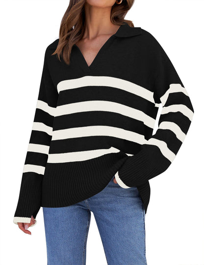 Loose Striped V-Neck Knit Sweater