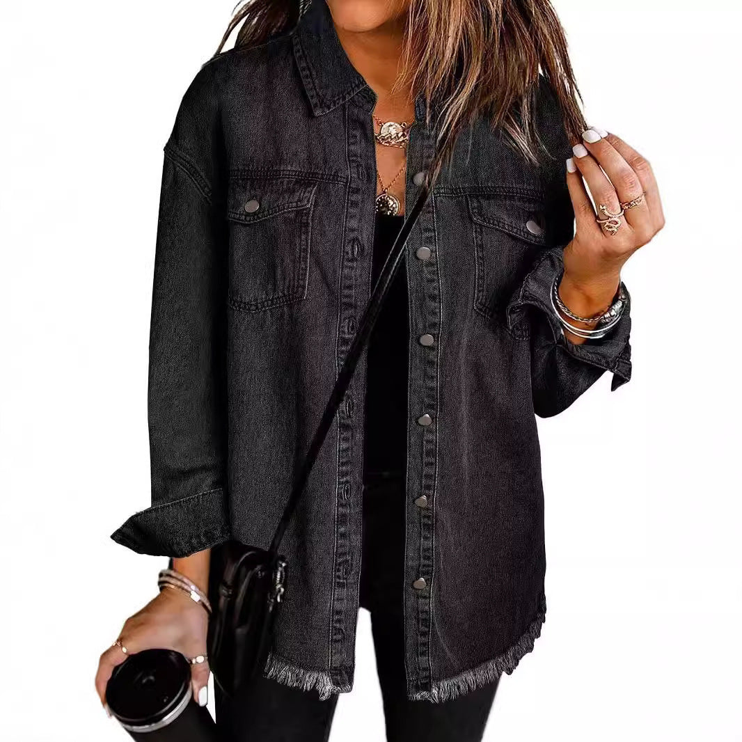 Frayed Hem Washed Denim Jacket