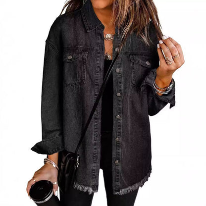Frayed Hem Washed Denim Jacket