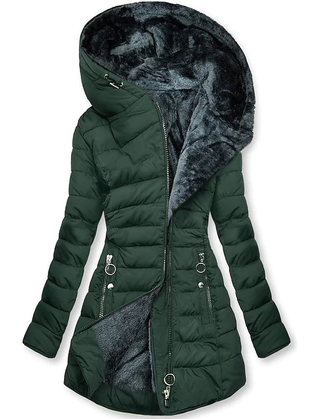 Plush Hooded Mid-Length Puffer Coat
