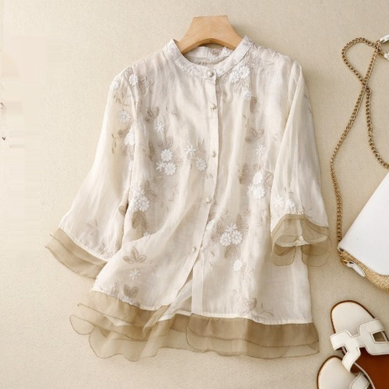 Retro Embroidered Cotton Linen Top