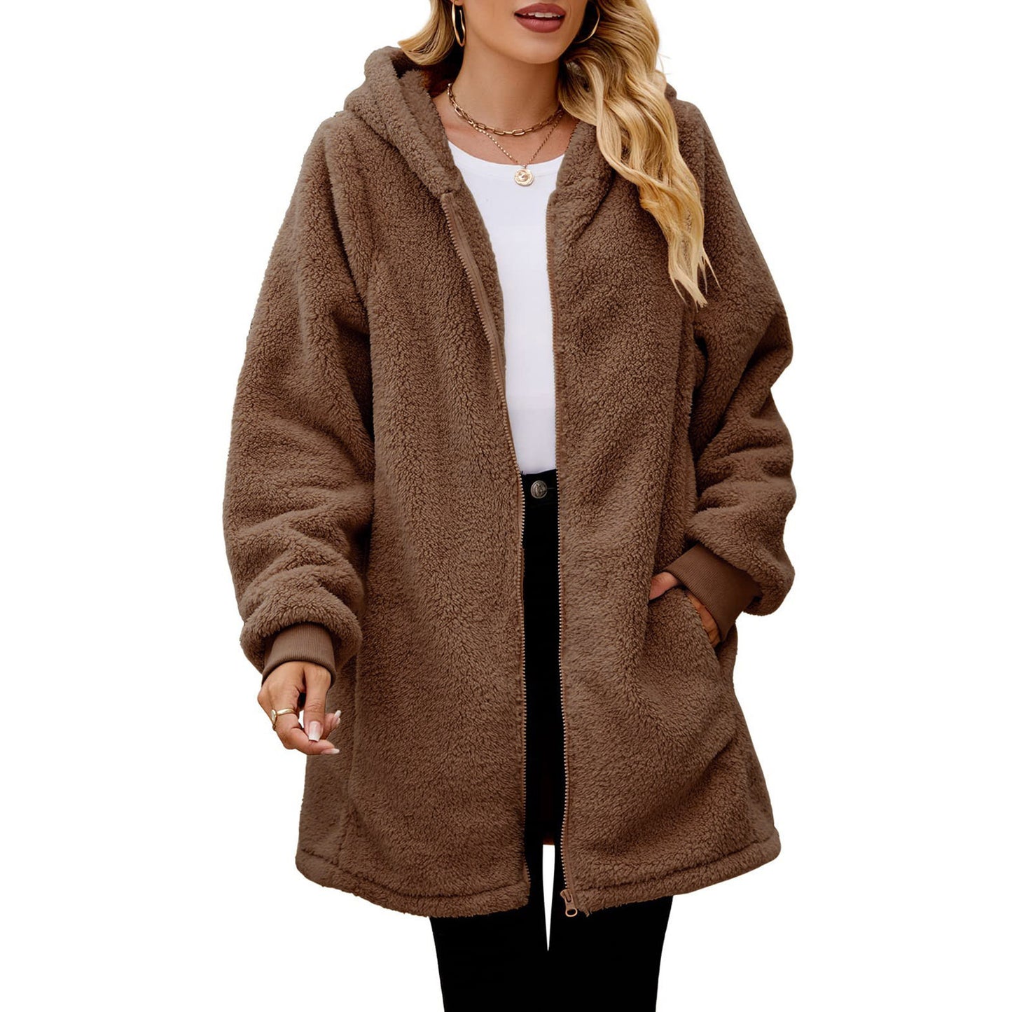 Plush Hooded Zip Cardigan Coat