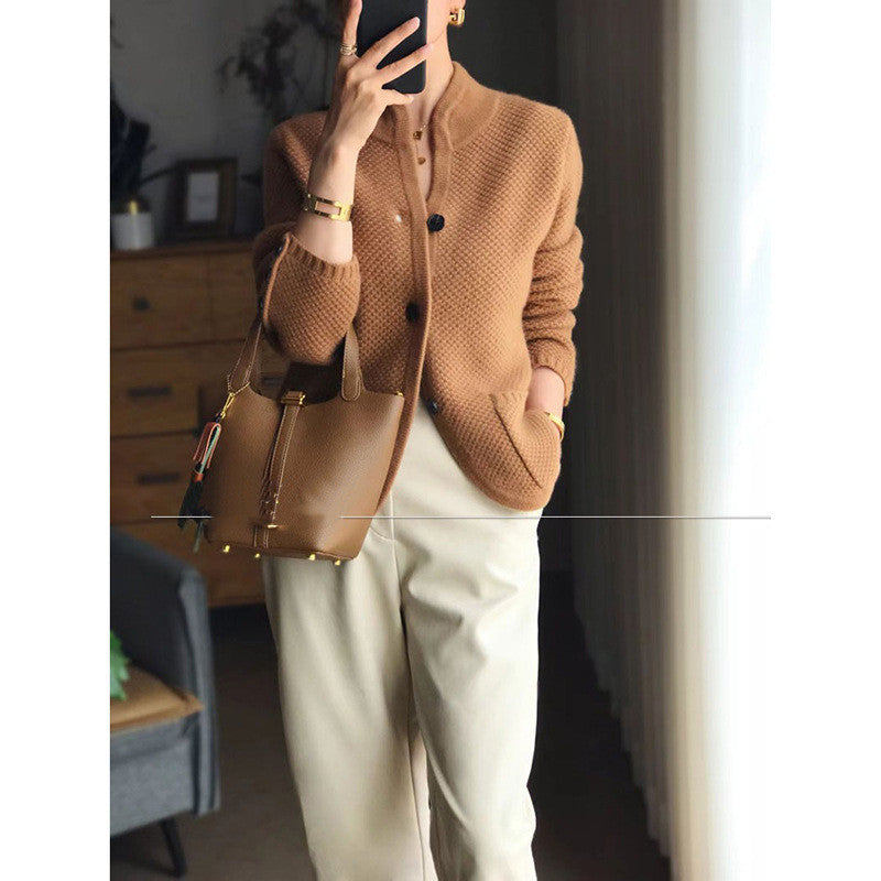 Wool Stand Neck Knit Cardigan