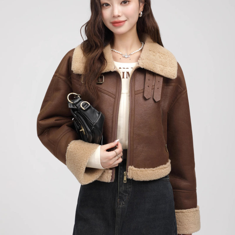 Lamb Fur Stand Collar Short Coat