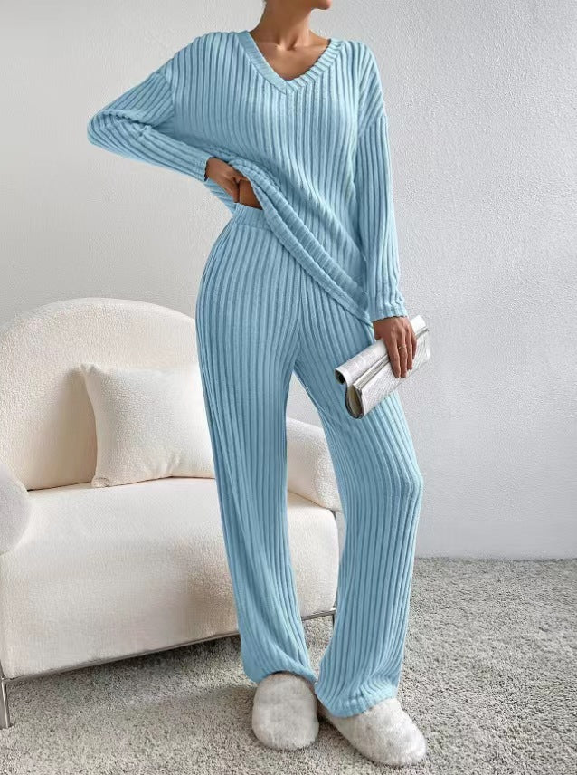 V-Neck Ribbed Knit Two-Piece Lounge Set