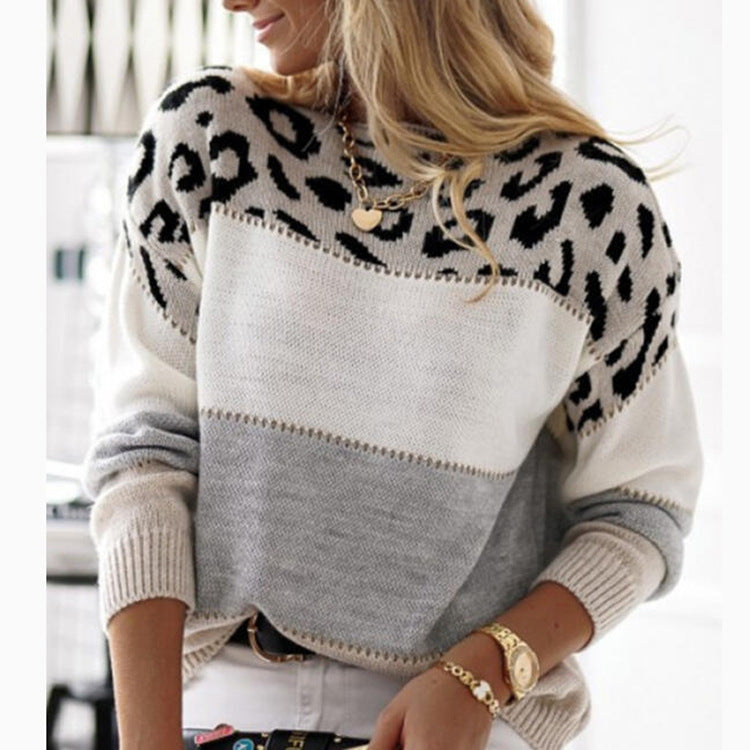 Colorblock Leopard Pattern Knit Sweater