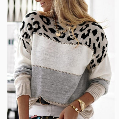 Colorblock Leopard Pattern Knit Sweater
