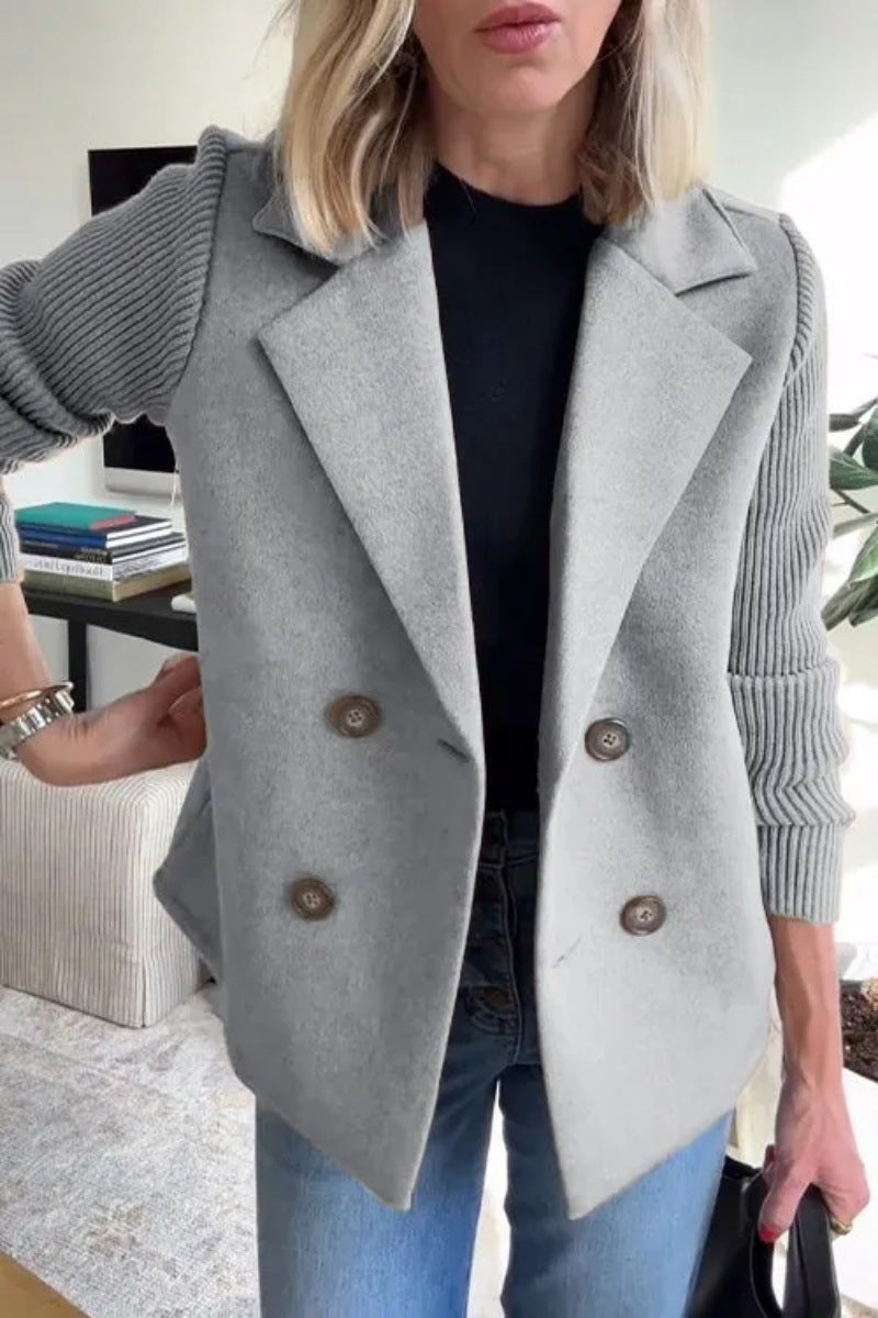 Double Breasted Lapel Coat with Knitted Sleeves