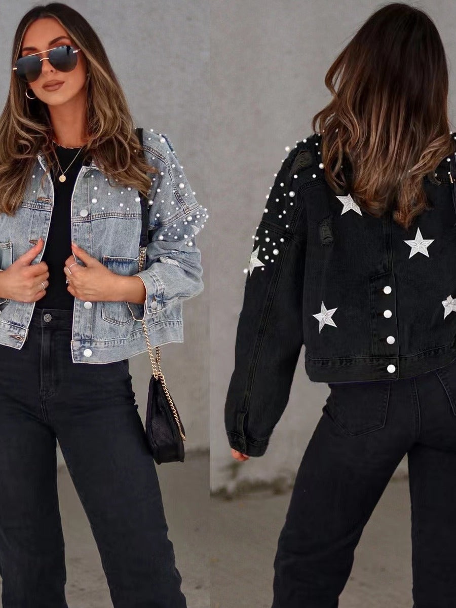 Pearl Embellished Loose Fit Denim Jacket