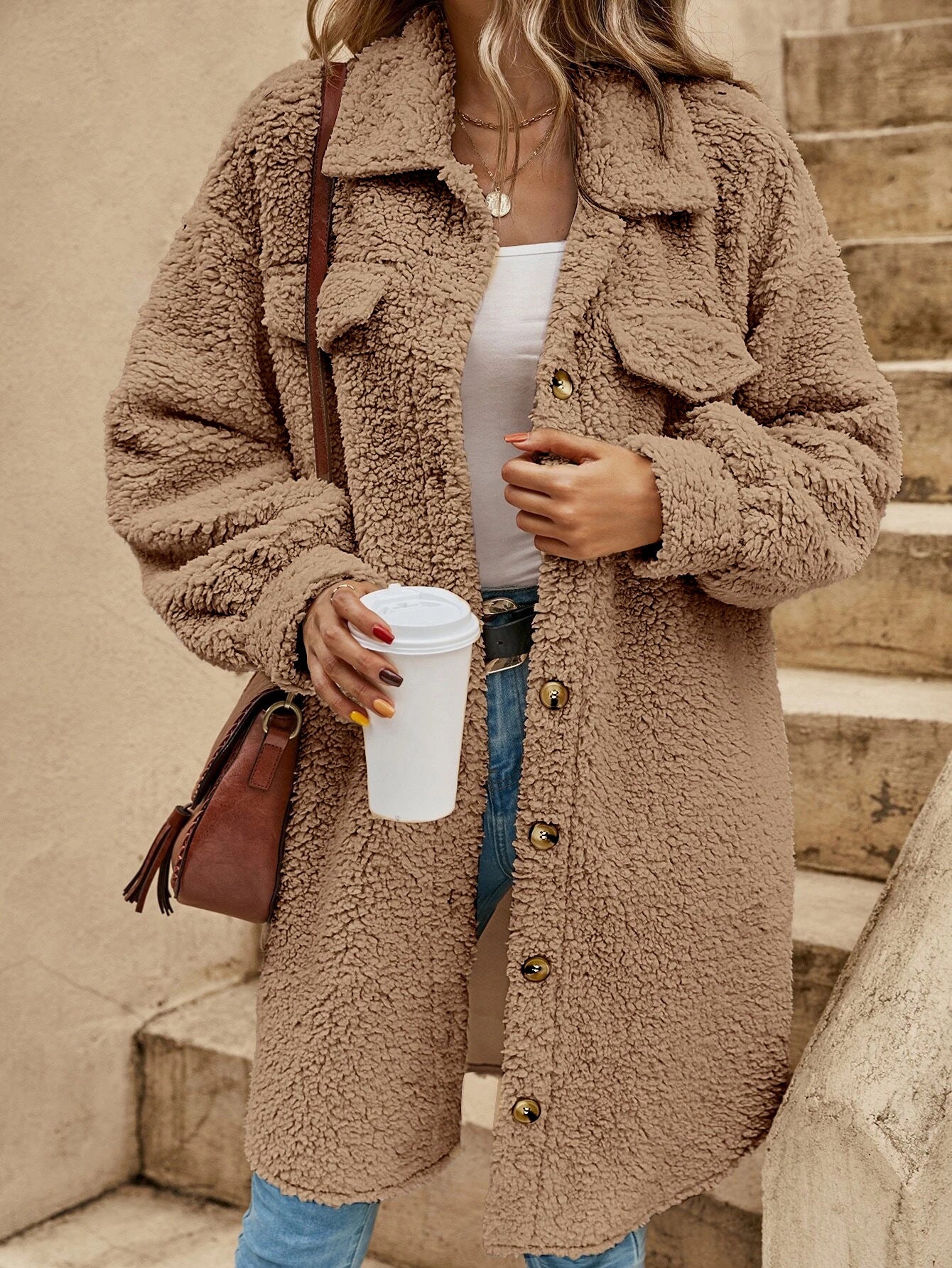 Women's Long Plush Button-Up Coat