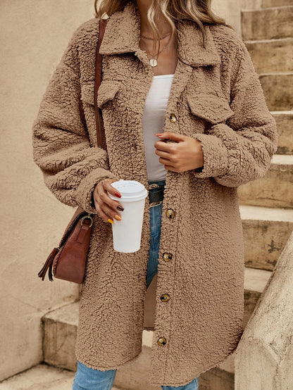 Women's Long Plush Button-Up Coat