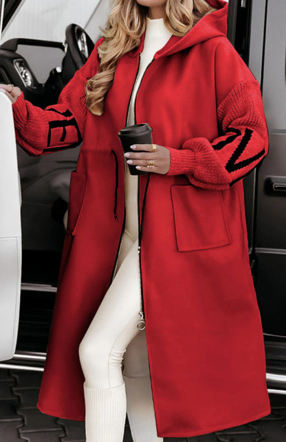 Hooded Knit-Sleeve Long Jacket