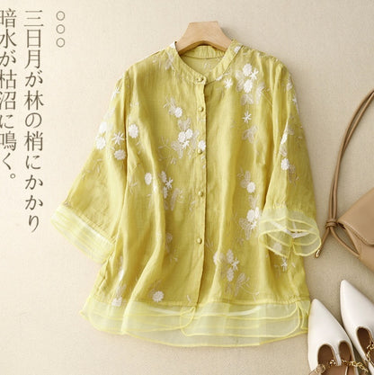 Retro Embroidered Cotton Linen Top