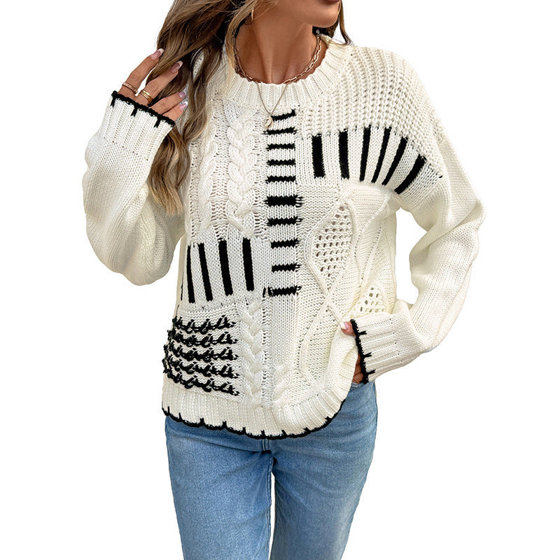 Striped Patchwork Round-Neck Knit Sweater