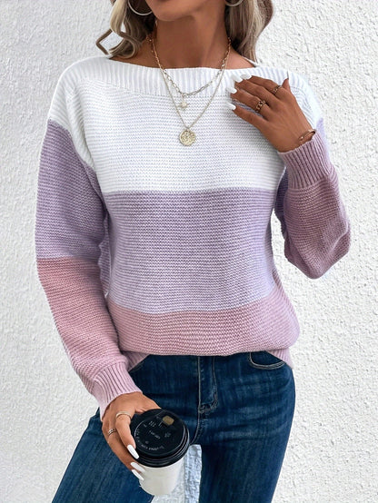 Colorblock Round Neck Knit Sweater