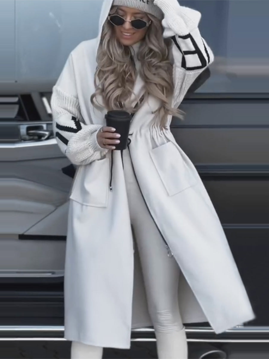 Hooded Knit-Sleeve Long Jacket