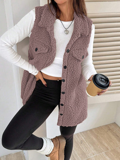 Lapel Open-Front Plush Vest Cardigan