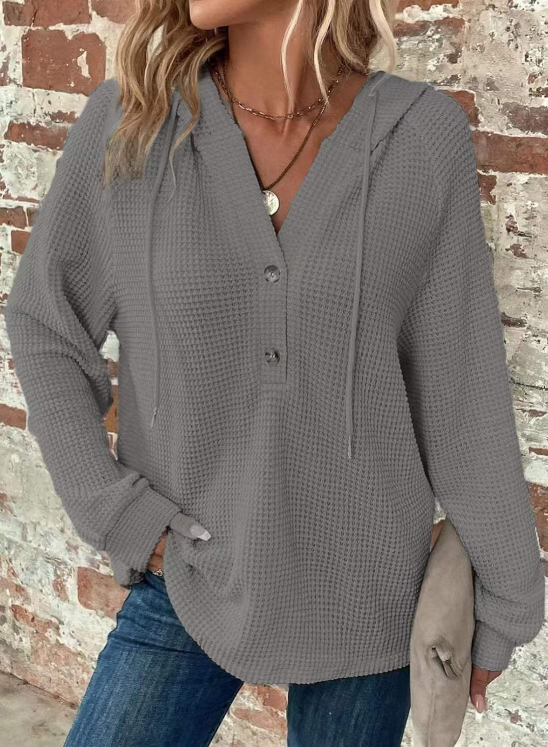 V-Neck Buttoned Casual Knit Pullover