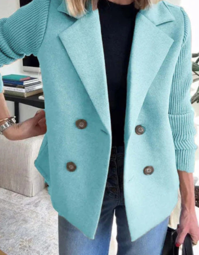 Double Breasted Lapel Coat with Knitted Sleeves