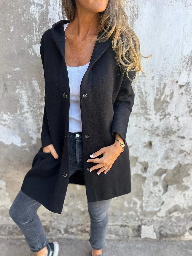 Loose Fit Hooded Solid Color Cardigan