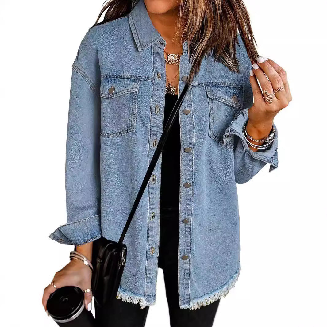 Frayed Hem Washed Denim Jacket