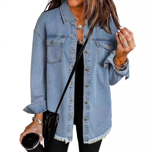 Frayed Hem Washed Denim Jacket