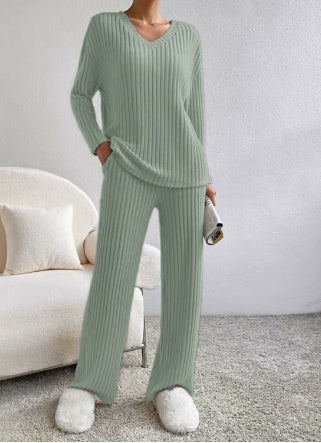 V-Neck Ribbed Knit Two-Piece Lounge Set