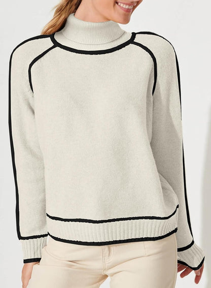 Casual High-Neck Knit Top with Contrast Edging