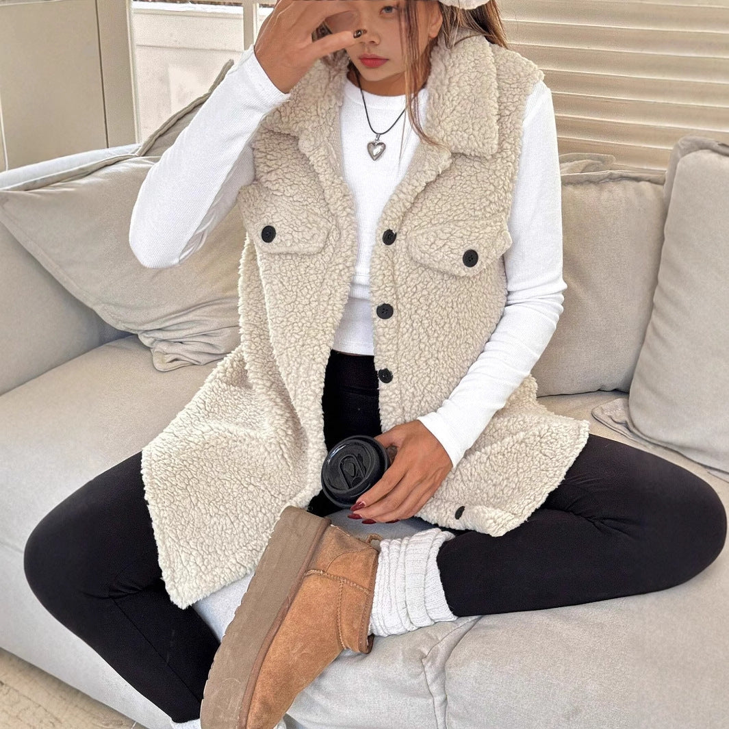 Lapel Open-Front Plush Vest Cardigan
