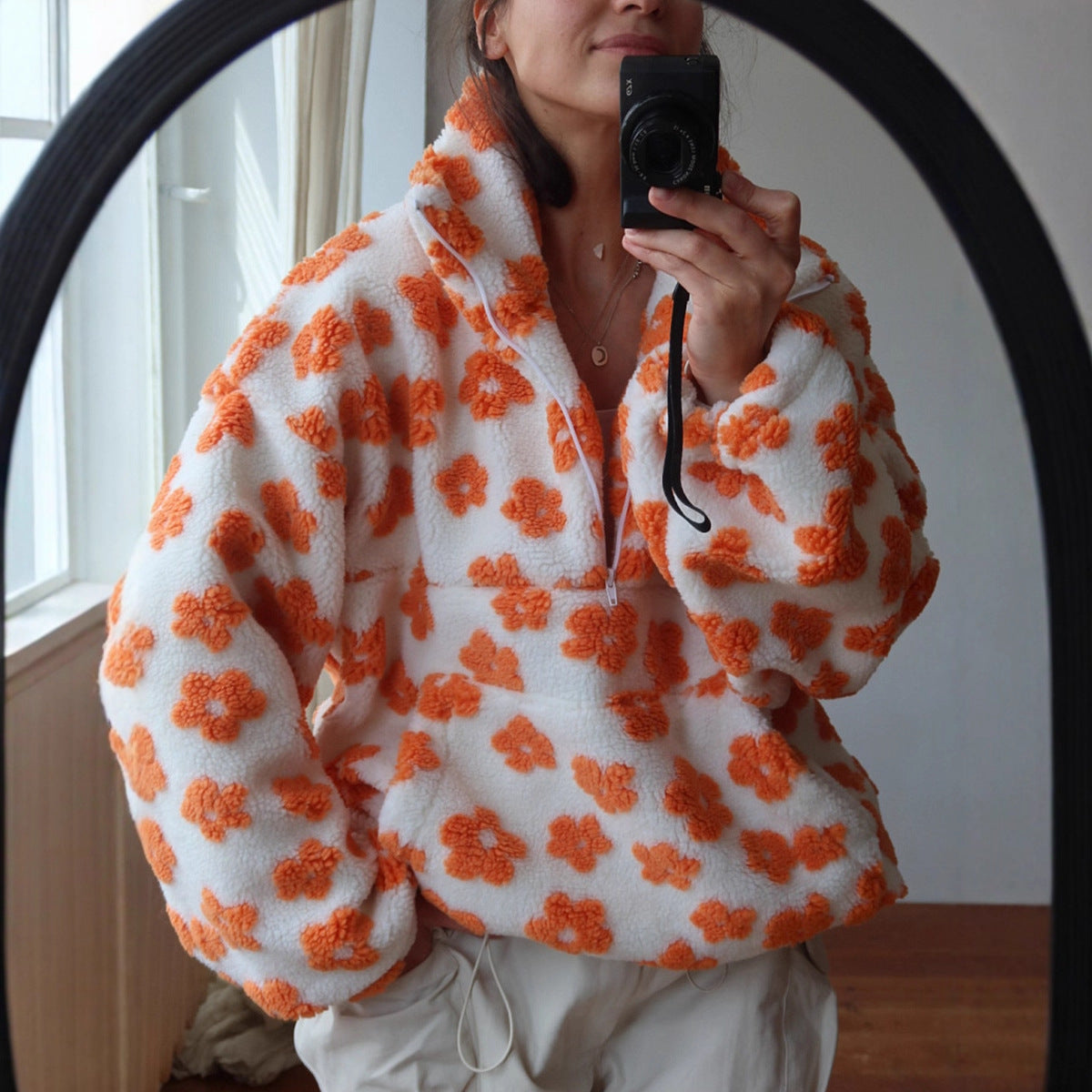 Floral Lambskin Zip-Up Pullover with Pocket