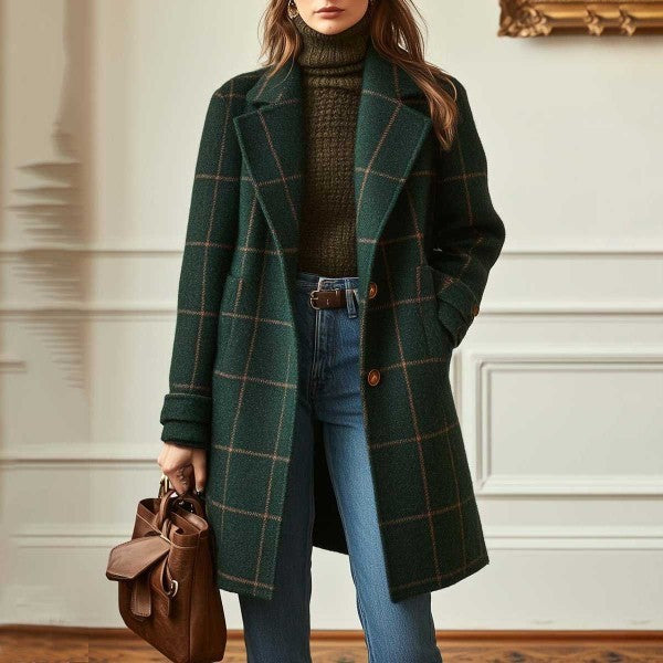 Mid-Length Plaid Lapel Coat