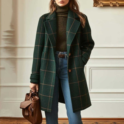 Mid-Length Plaid Lapel Coat