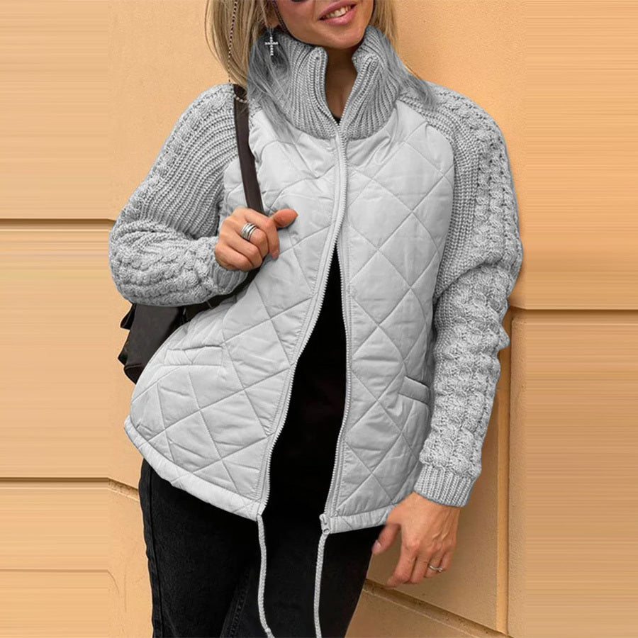Stand Collar Quilted Knitted Jacket