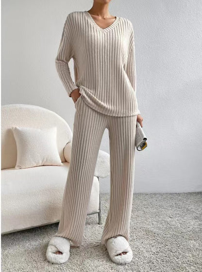 V-Neck Ribbed Knit Two-Piece Lounge Set