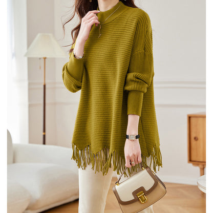 Half-Turtleneck Knit Sweater with Tassel Cape Hem