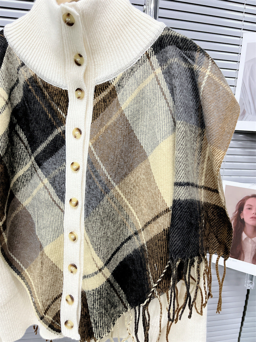 Turtleneck Plaid Tassel Shawl Knit Cardigan