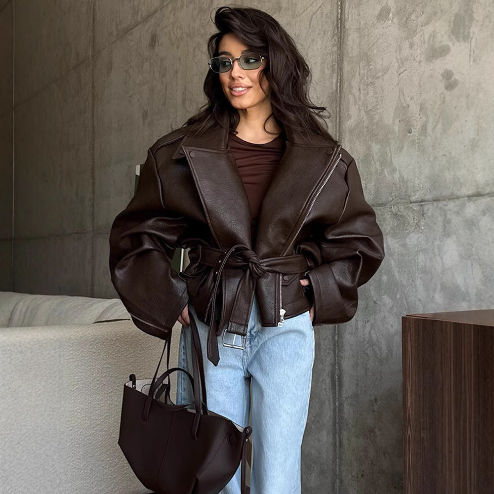 Short Belted Leather Jacket