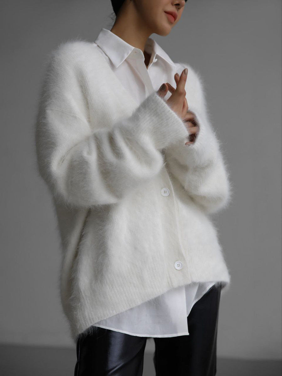 V-Neck Fuzzy Button Cardigan