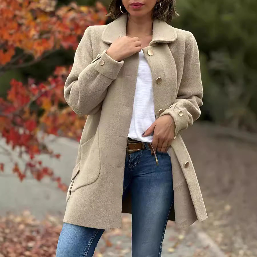 Woolen Bow Collar Casual Coat
