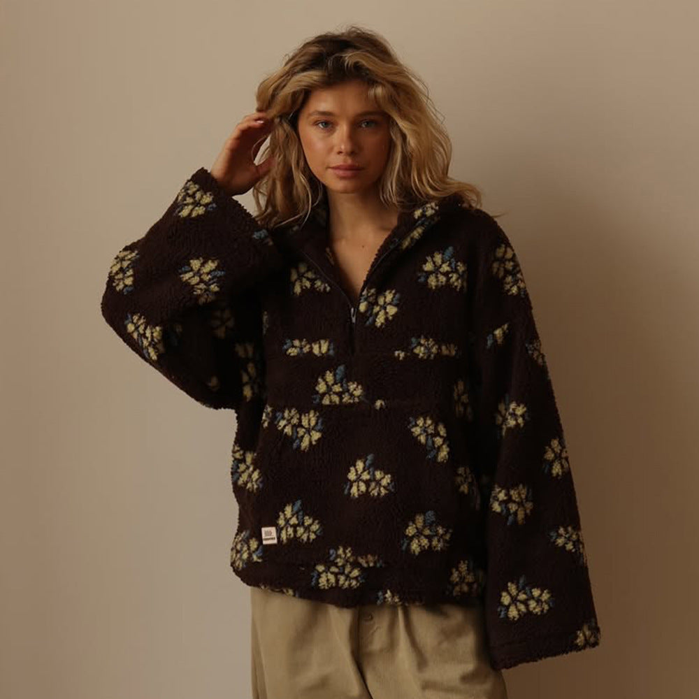 Floral Lambskin Zip-Up Pullover with Pocket