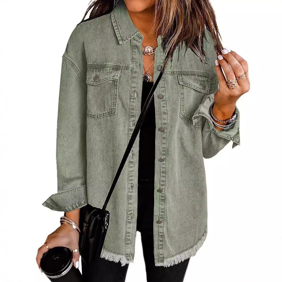Frayed Hem Washed Denim Jacket