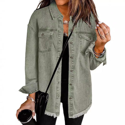 Frayed Hem Washed Denim Jacket