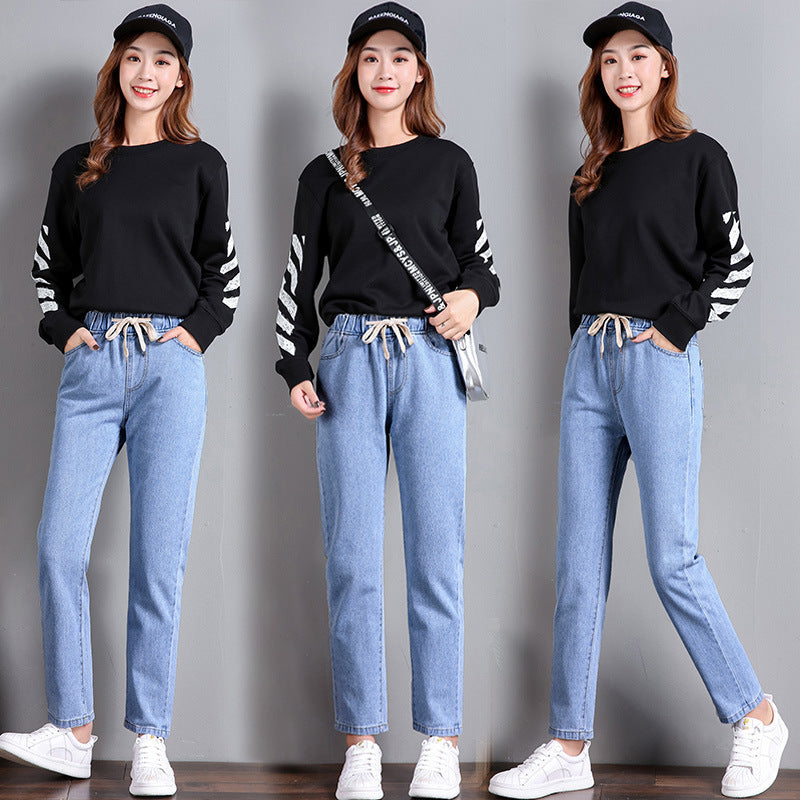 High-Waist Elastic Lace-Up Jeans