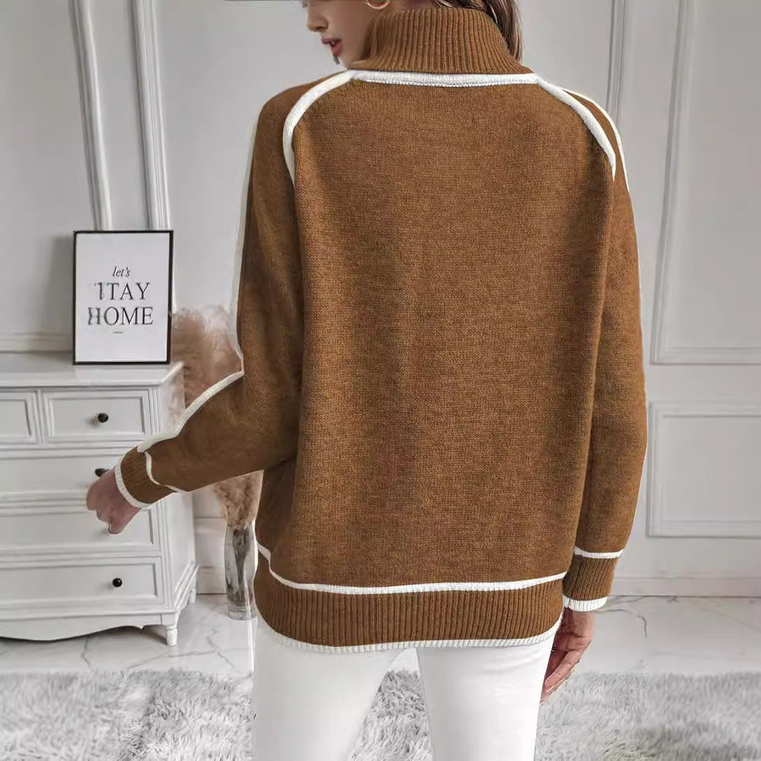 Casual High-Neck Knit Top with Contrast Edging