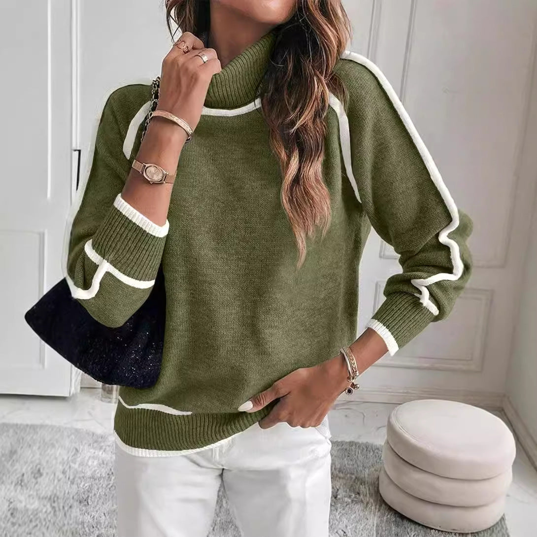 Casual High-Neck Knit Top with Contrast Edging
