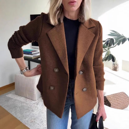 Double Breasted Lapel Coat with Knitted Sleeves