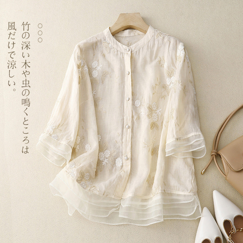 Retro Embroidered Cotton Linen Top