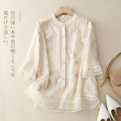 Retro Embroidered Cotton Linen Top
