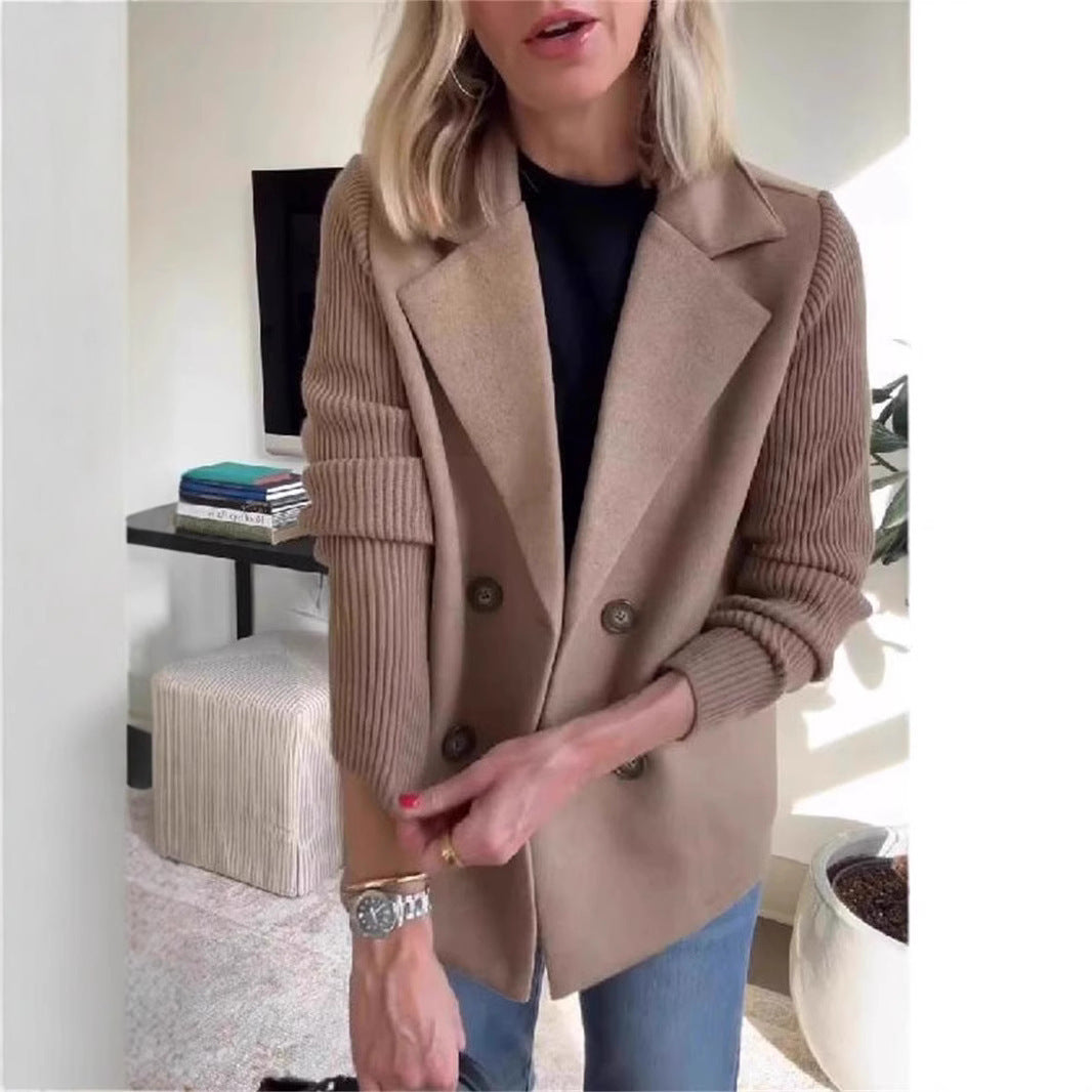 Double Breasted Lapel Coat with Knitted Sleeves